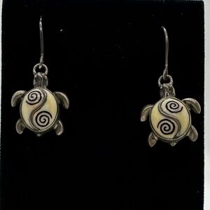 Fossilized Walrus Ivory Silver Sea Turtle Earrings, Handmade - Turtles